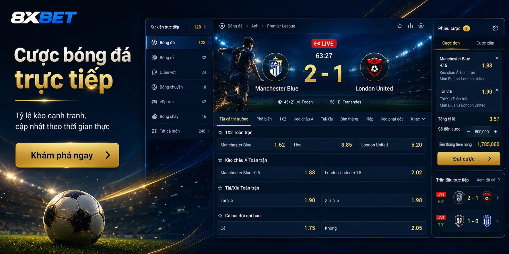 Cá cược thể thao trực tuyến tại 8XBET với tỷ lệ kèo cạnh tranh