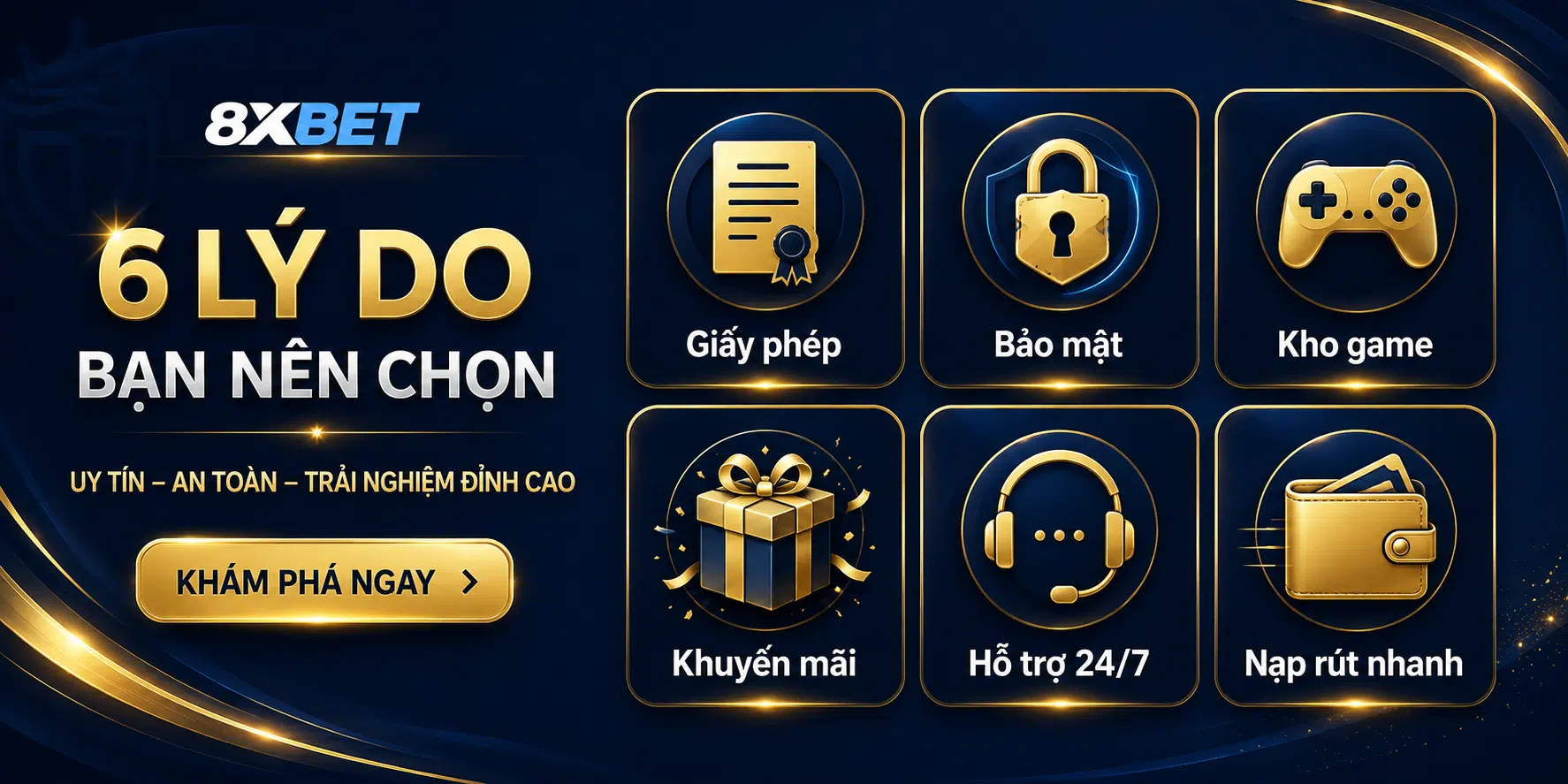 6 lý do nên chọn nhà cái 8XBET: giấy phép, bảo mật, kho game, khuyến mãi, hỗ trợ 24/7, nạp rút nhanh