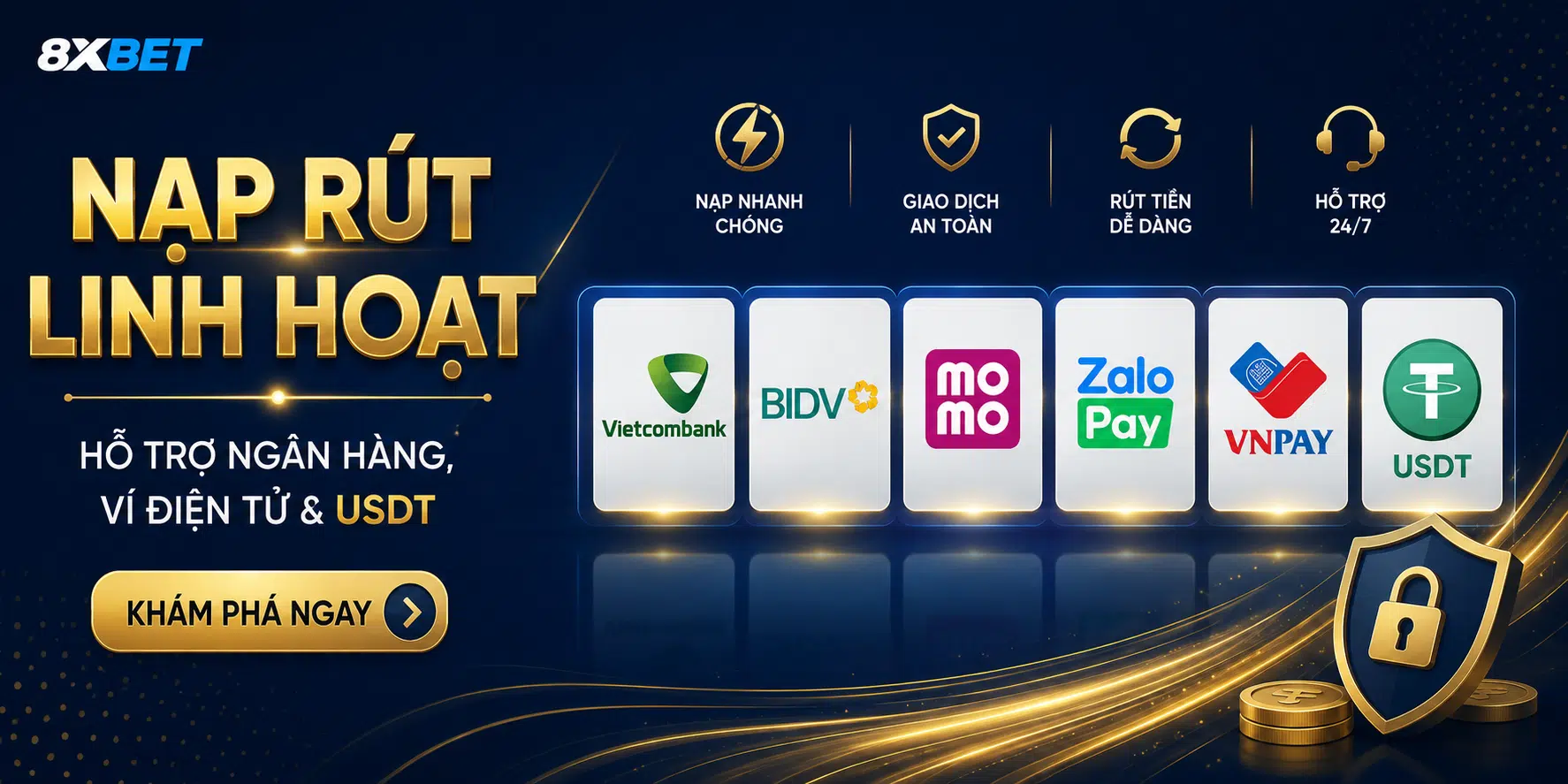 Các phương thức nạp rút tiền tại 8XBET: ngân hàng, ví điện tử, USDT